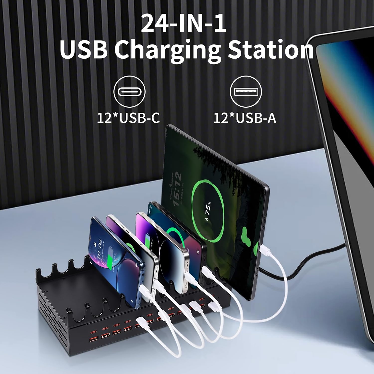 300W Charging Station for Multiple Devices - 24 Ports USB Fast Charging Station with 10 Mixed Charging Cables - Kindle, Phone, Tablet Charger Station for Home, Office, School - Image 2