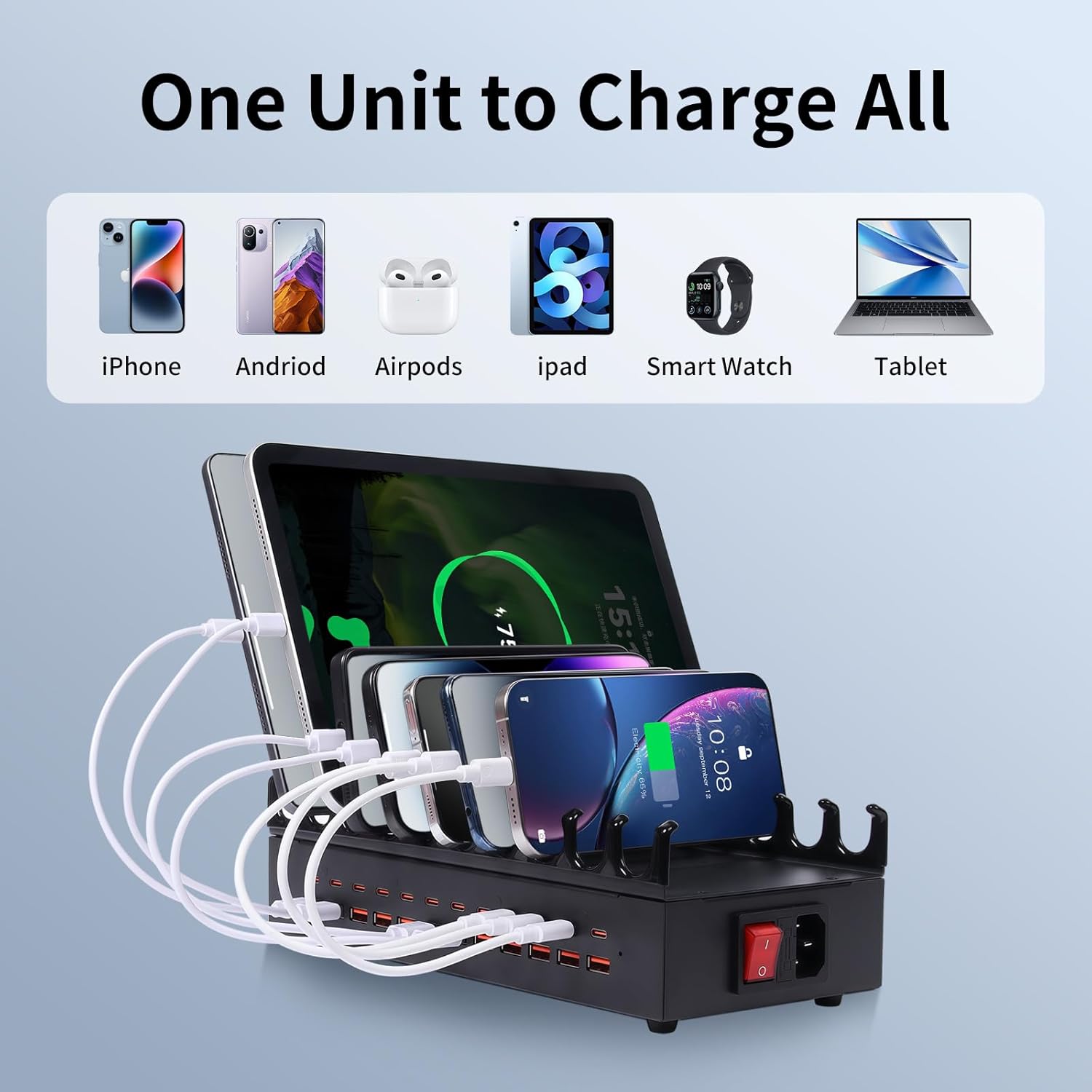 300W Charging Station for Multiple Devices - 24 Ports USB Fast Charging Station with 10 Mixed Charging Cables - Kindle, Phone, Tablet Charger Station for Home, Office, School - Image 5
