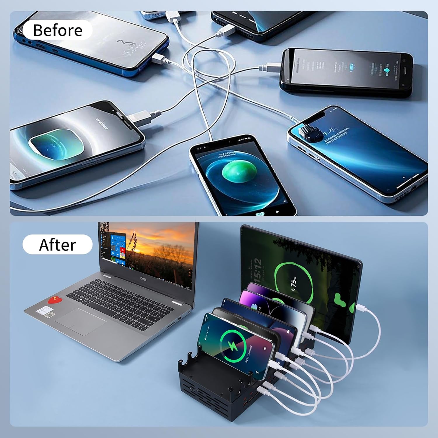300W Charging Station for Multiple Devices - 24 Ports USB Fast Charging Station with 10 Mixed Charging Cables - Kindle, Phone, Tablet Charger Station for Home, Office, School - Image 6